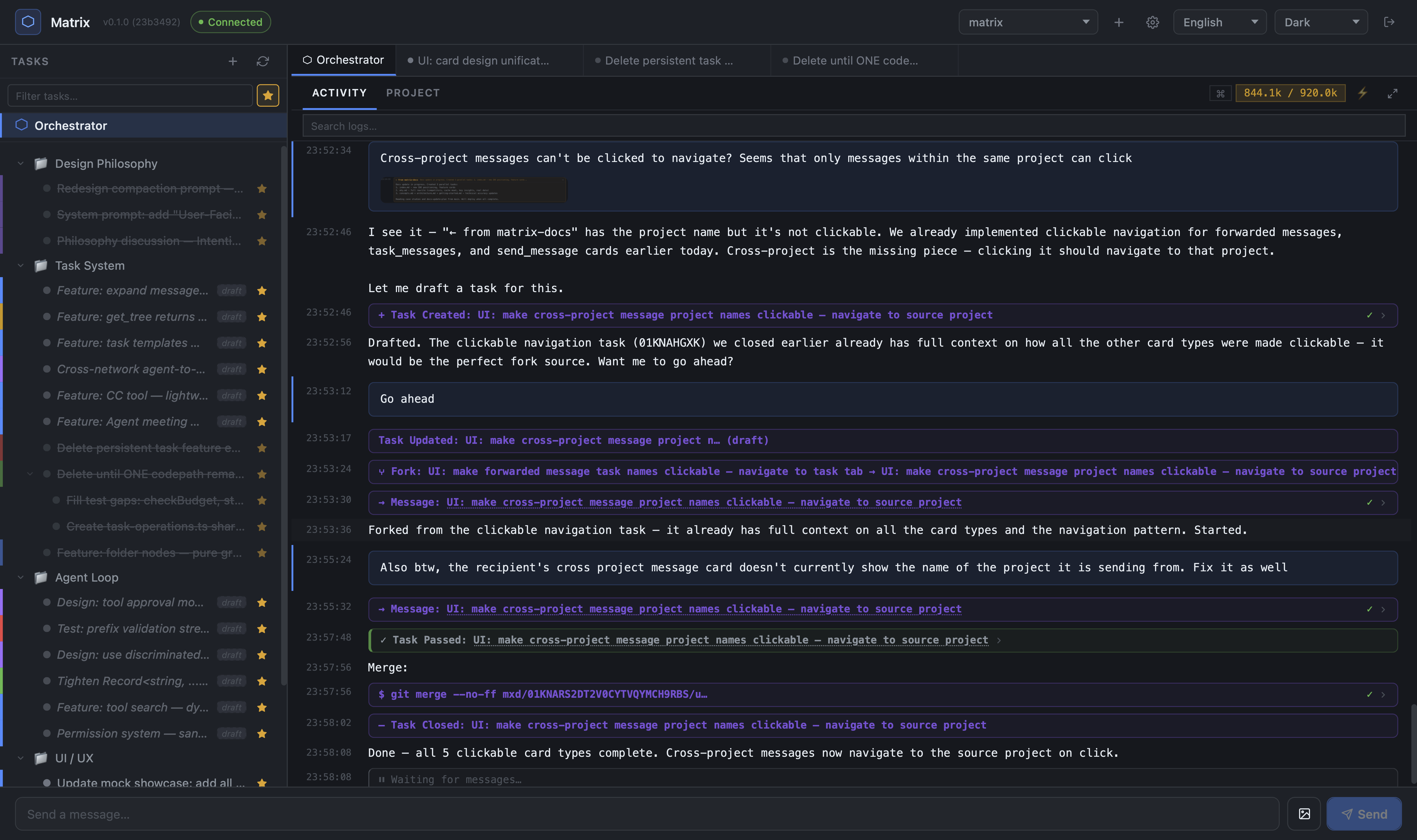 Matrix IDE — task tree, tabs, activity log showing a real agent workflow